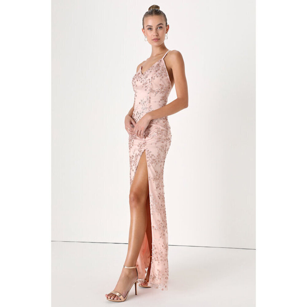 Lulus Blissful Blossoms Blush Pink Sequin Backless Maxi Dress - Size M